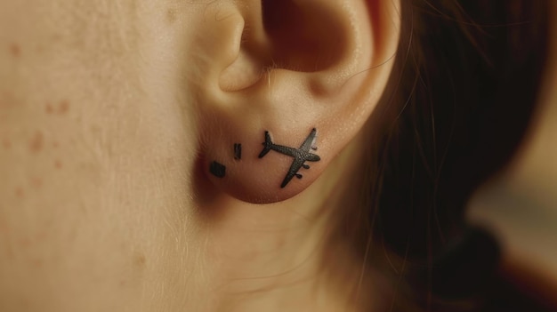 La peau délicate derrière leur oreille abrite un simple tatouage minimaliste d'un avion symbolisant