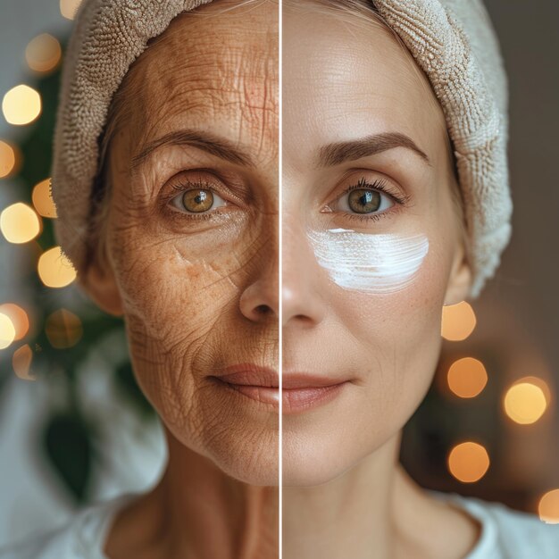 Photo peau du visage soignée et âgée mettant en évidence simultanément le pouvoir transformateur des produits de soin de la peau pour un rayonnement jeune et un vieillissement gracieux approche complète de la beauté et du bien-être bannière