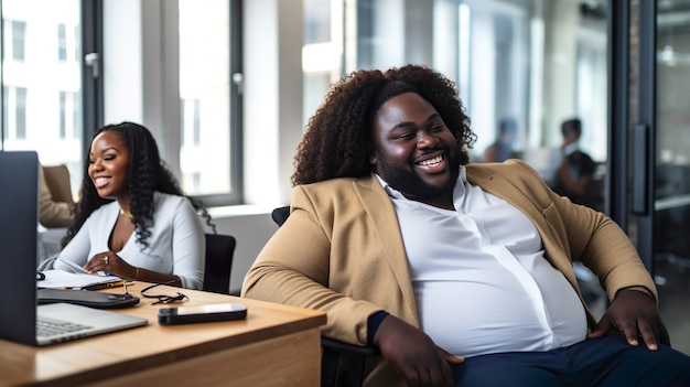 Peau foncée plus grosse en surpoids beau grand homme d'affaires utilisant l'ordinateur portable au bureau dans le bureau