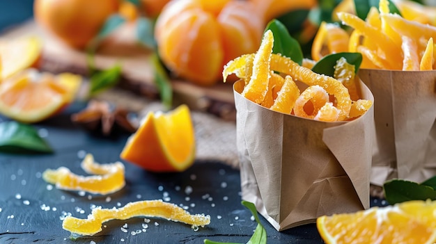 Peaux d'agrumes confisquées dans des cônes de papier sur ardoise foncée avec des oranges fraîches et des feuilles