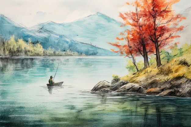 La pêche au bord d'un lac tranquille peinte à la crayonne
