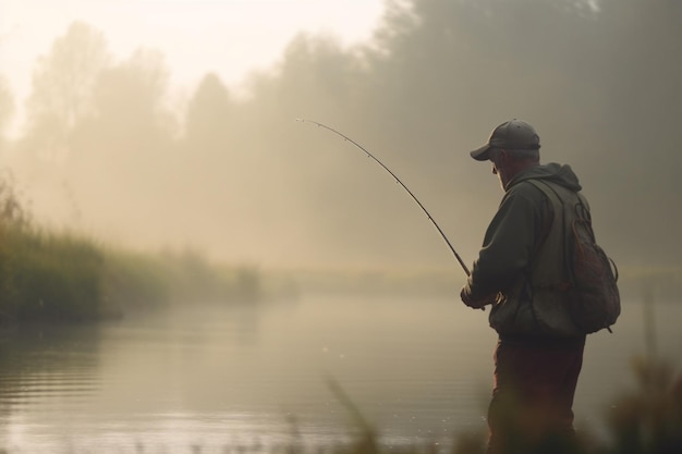 Pêche à Dawn Angler dans le lac brumeux avec canne à pêche