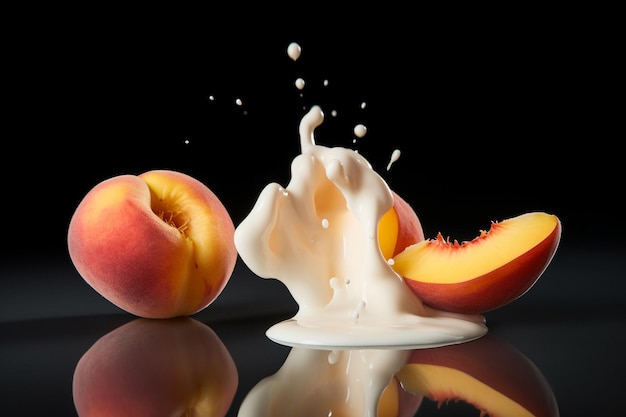 Une pêche éclabousse dans un bol de lait.