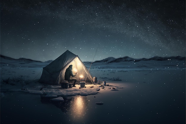 Pêche sur glace sur un lac la nuit avec des étoiles