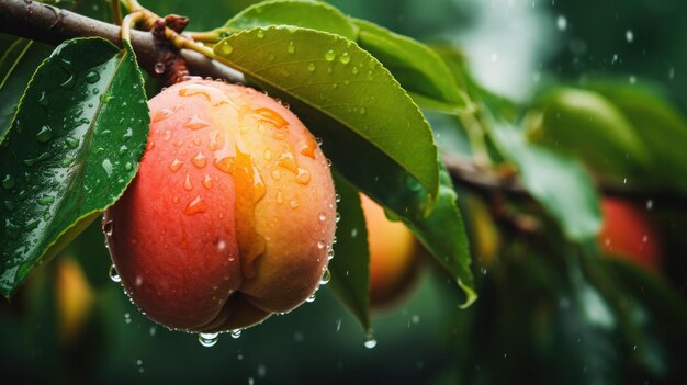 une pêche mûre suspendue à une branche avec de l'eau de pluie