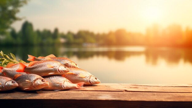 Photo pêche sur une planche près du lac prise de vue sélective