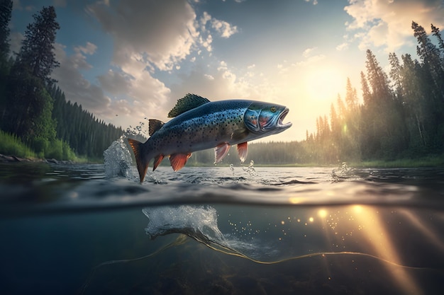 Pêche Poisson truite arc-en-ciel éclaboussant dans l'eau d'un lac forestier Le poisson saute hors de l'eau claire de la rivière