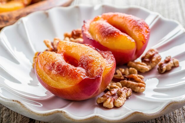 Des pêches cuites au four avec du sucre et des noix sur une assiette