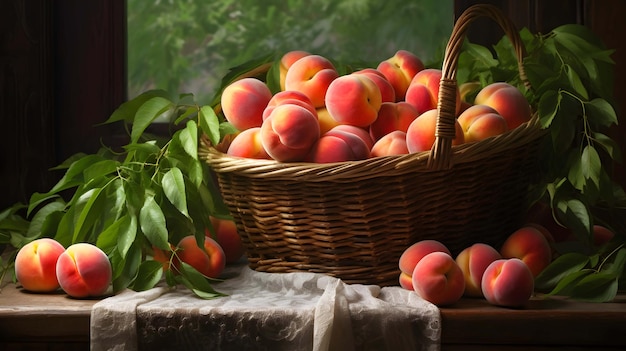 Pêches fraîches dans le panier