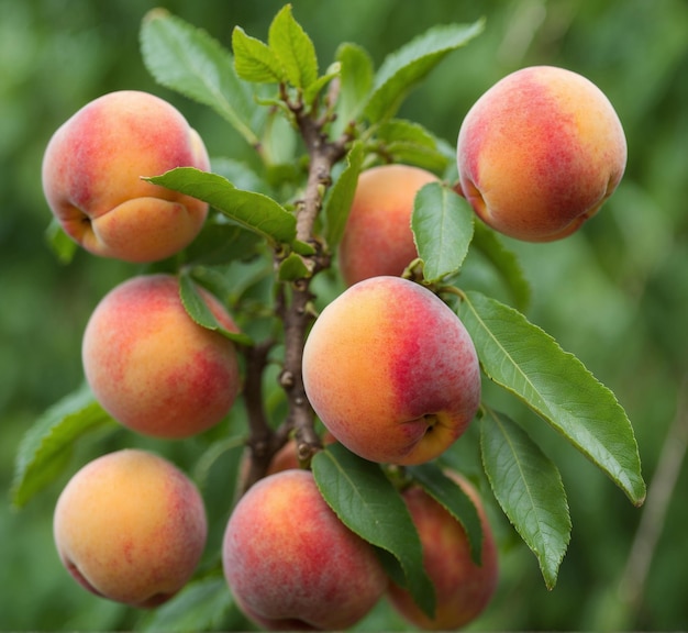 Des pêches mûres sur la branche d'un arbre dans le jardin