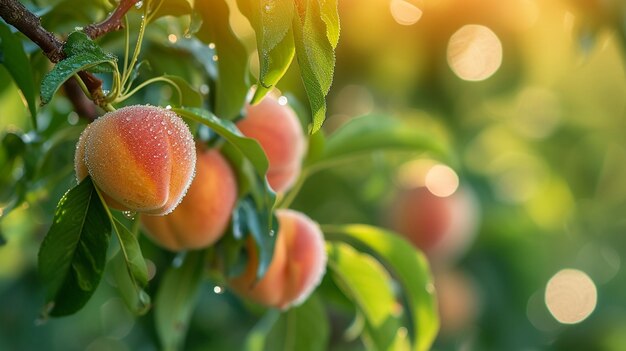 Des pêches qui poussent sur l'arbre de près