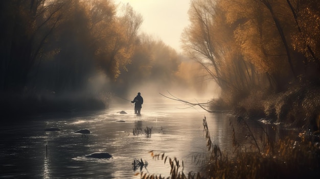 Pêcheur d'arrière-plan de pêche d'automne cinématographique attrapant sur la rivière sauvage