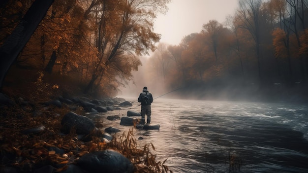 Pêcheur d'arrière-plan de pêche d'automne cinématographique attrapant sur la rivière sauvage
