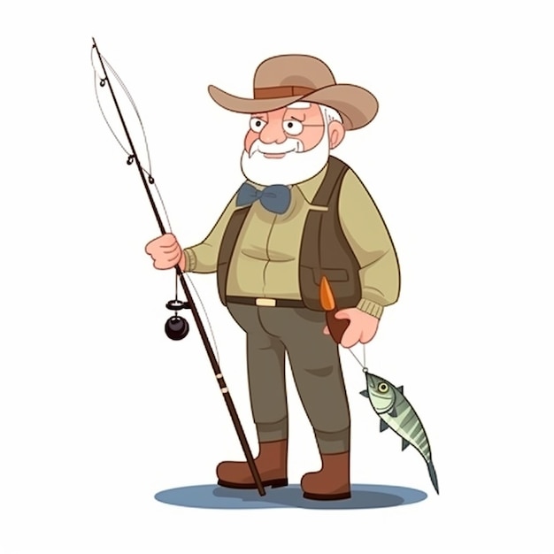 Un pêcheur de dessin animé avec une canne à pêche et une ai générative de poisson