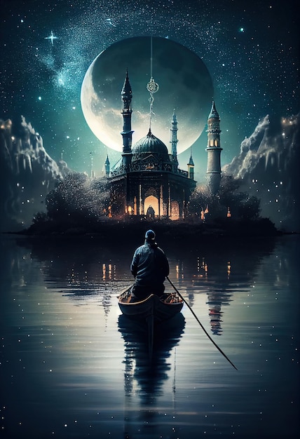 Pêcheur des eaux tranquilles sur un bateau avec une mosquée en arrière-plan