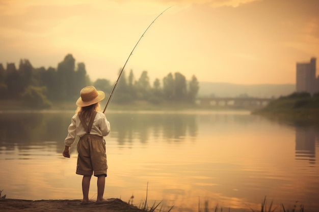 Pêcheur enfant fille canne à pêche Générer Ai