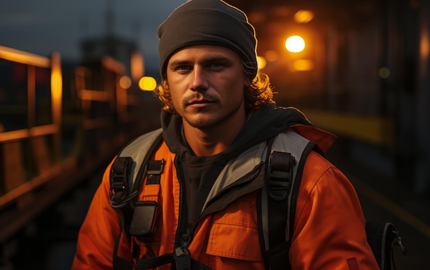 Un pêcheur est assis sur un bateau la nuit.