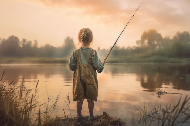 Pêcheur gosse fille canne à pêche Générer Ai