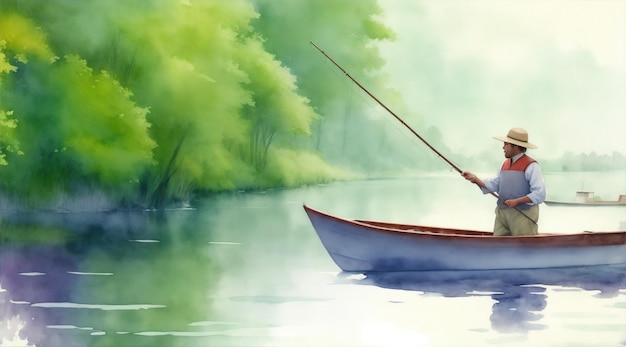 pêcheur sur le lac aquarelle peinture à l'huile fond de papier peint par Generative AI