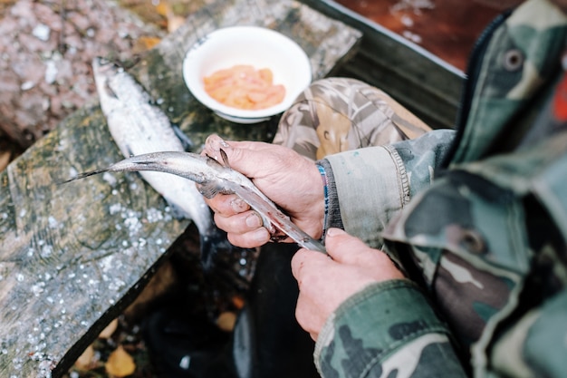 Pêcheur, nettoyage, fish, bois, planche, Dehors