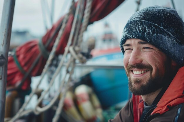 Un pêcheur nordique souriant travaillant sur un navire dans un port de pêche un ouvrier masculin heureux dans la pêche