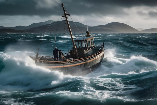 Un pêcheur norvégien fictif au travail au bord de la mer créé par un logiciel d'intelligence artificielle générative