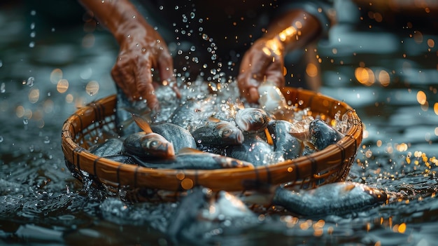 Un pêcheur nourrit les poissons dans une ferme commerciale de la rivière.