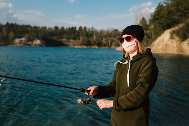 Pêcheur, rotation, bobine, Lac, banque