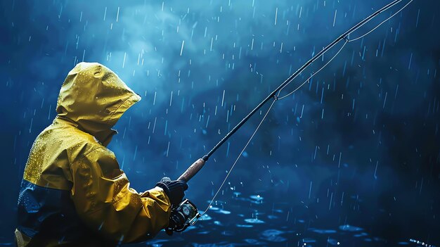Photo un pêcheur solitaire se tient dans la pluie jetant sa ligne dans la rivière il porte un imperméable jaune et un chapeau pour le protéger des éléments