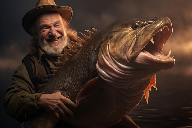 Pêcheur tenant joyeusement un gros poisson qu'il a pêché dans un grand lac