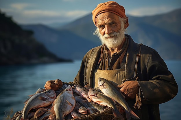 Pêcheur turc avec ses prises fraîches au bord de la mer