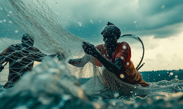 Photo les pêcheurs jetant leurs filets dans l'eau