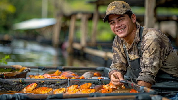 Les pêcheurs nourrissent les poissons dans une ferme commerciale sur la rivière.