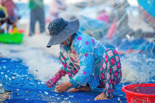 Les pêcheurs ramassent le poisson du sol Une vieille femme portant un chapeau ramasse et coupe le poisson pour le vendre le beau matin