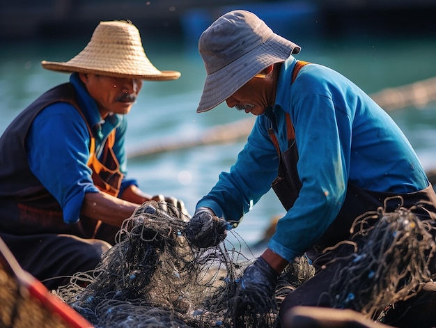 Les pêcheurs vietnamiens préparent des filets de pêche générés par IA