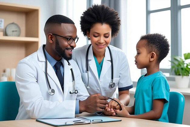 Un pédiatre africain effectue un stéthoscope pour examiner l'enfant, le garçon, le patient, le médecin avec la mère, un pédiatre noir vérifie le cœur, les poumons de l'enfants, effectue un examen pédiatrique à l'hôpital, un concept de soins médicaux pour enfants.