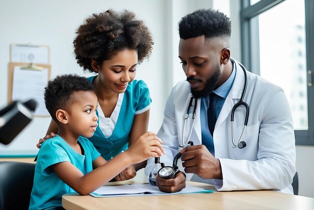 Un pédiatre africain effectue un stéthoscope pour examiner l'enfant, le garçon, le patient, le médecin avec la mère, un pédiatre noir vérifie le cœur, les poumons de l'enfants, effectue un examen pédiatrique à l'hôpital, un concept de soins médicaux pour enfants.