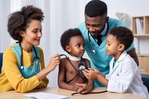 Photo un pédiatre africain effectue un stéthoscope pour examiner l'enfant, le garçon, le patient, le médecin avec la mère, un pédiatre noir vérifie le cœur, les poumons de l'enfants, effectue un examen pédiatrique à l'hôpital, un concept de soins médicaux pour enfants.