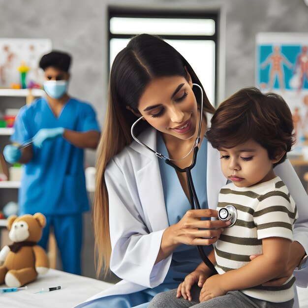 Pédiatre féminine avec stéthoscope à la main, écoutant le cœur des garçons