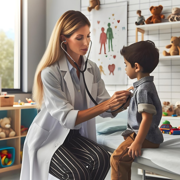 Pédiatre féminine avec stéthoscope à la main, écoutant le cœur des garçons