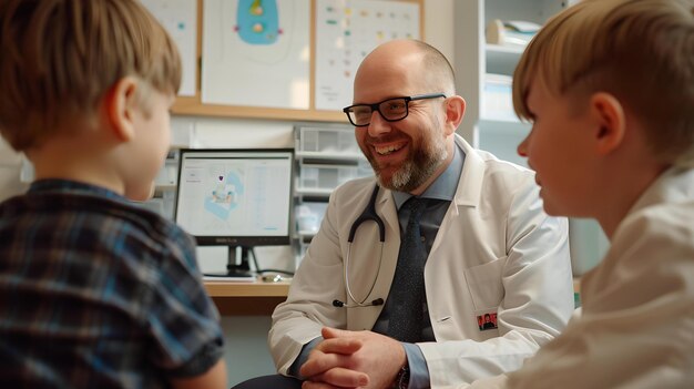 Un pédiatre souriant discutant de la santé avec de jeunes patients dans une clinique, un médecin amical avec les enfants, des soins de santé et de la compassion.