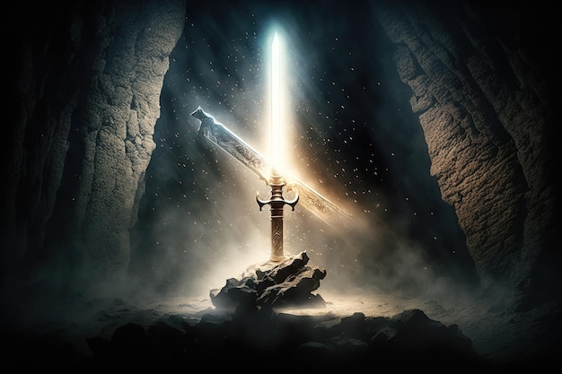 Épée dans la pierre avec des rayons lumineux et des spécifications de poussière dans une grotte sombreIllustration magique fantastique AI