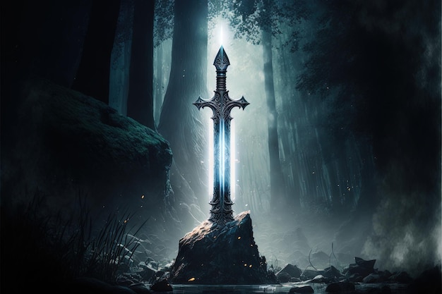 Épée Excalibur dans la pierre avec des rayons lumineux dans une forêt sombre Illustration numérique AI
