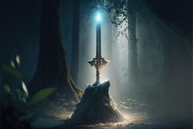 Épée Excalibur dans la pierre avec des rayons lumineux dans une forêt sombre Illustration numérique AI