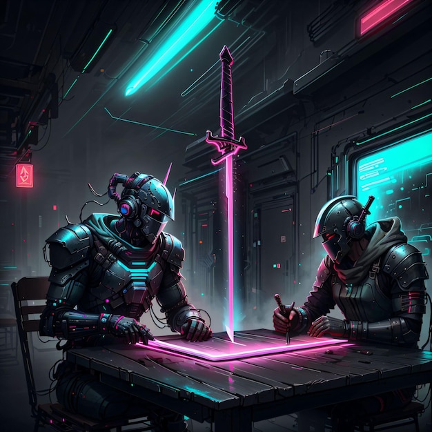 Épée violet néon Cyberpunk sur table