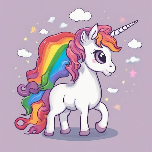 Pégase de dessin animé mignon de licorne avec nuage arc-en-ciel