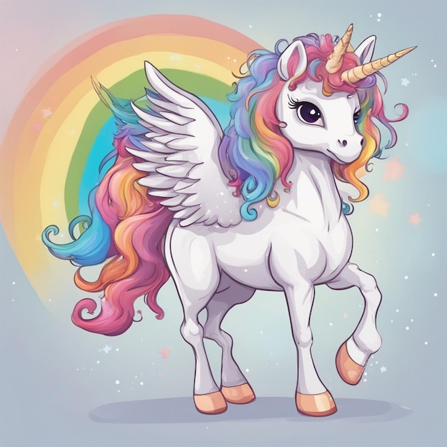 Pégase de dessin animé mignon de licorne avec nuage arc-en-ciel