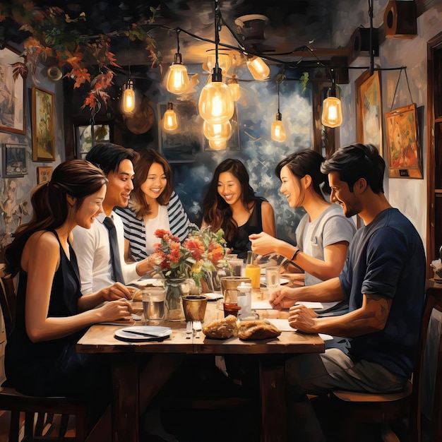 Peignez une image d'amis réunis autour d'un repas et appréciant la compagnie de chacun.
