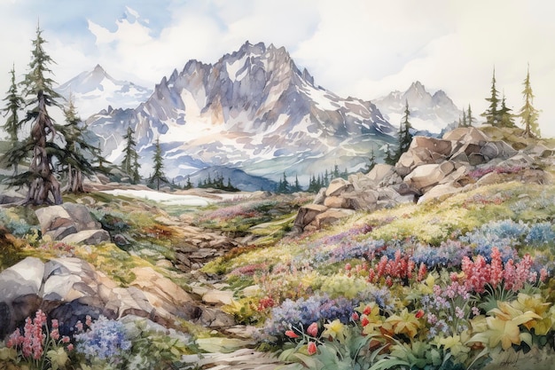 Peignez un paysage à l'aquarelle d'une scène d'hiver avec une forêt ou des montagnes enneigées et des détails complexes de flocons de neige et de ruisseaux gelés génèrent de l'ai