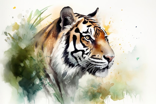 Peignez un portrait réaliste d'un tigre dans la jungle à l'aquarelle peignant de belles formes naturelles des formes nettes et nettes un fond blanc coloré génère ai